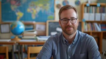 ai generado confidente educador sonrisas en salón de clases con libros y globo foto