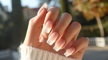 AI generated Elegant French Ombre Manicure on Beautiful Feminine Hand. photo