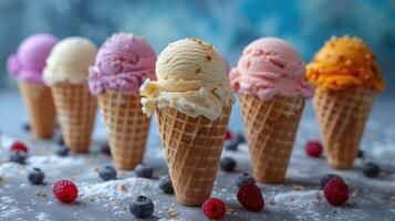 AI generated Colorful Ice Cream Cones with Sprinkles on Blue photo