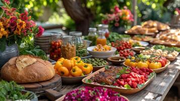 AI generated Colorful Farm-to-Table Feast on Rustic Wooden Table photo