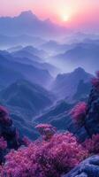 AI generated Tranquil Dawn Over Layered Mountains in Pastel Tones. Background for Instagram Story, Banner photo