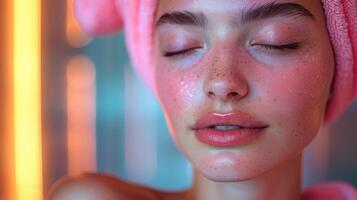 AI generated Woman Relaxing with Pink Glitter Facial Mask On photo