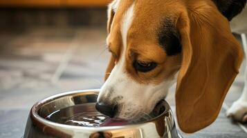 AI generated Thirsty Dog Drinking Water from Kitchen Bowl. photo