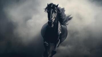 AI generated Majestic Black Horse Galloping Through Billowing Dust. photo