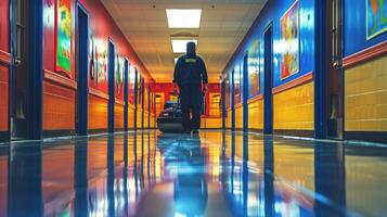 AI generated School Janitor Diligently Cleans Hallway with Floor Scrubber. photo