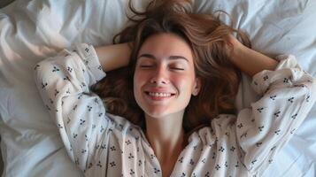 AI generated Smiling Young Woman Enjoying Comfortable Morning in Bed. photo