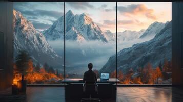 AI generated Remote Office Setup with Breathtaking Mountain View photo