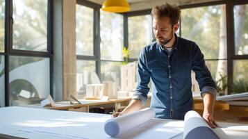 AI generated Male Architect Reviews Blueprints in Sunlit Office. photo