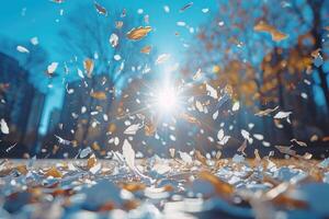 AI generated papers confetti falling in the bright blue sky professional photography background photo