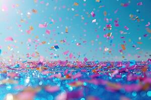 AI generated papers confetti falling in the bright blue sky professional photography background photo