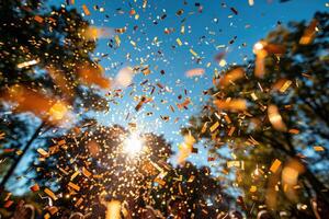 AI generated papers confetti falling in the bright blue sky professional photography background photo