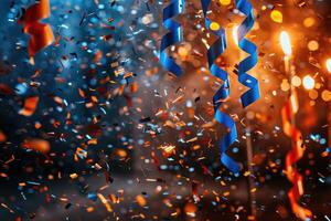 AI generated papers confetti falling in the bright blue sky professional photography background photo