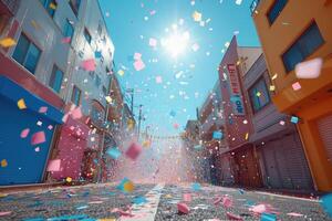 AI generated papers confetti falling in the bright blue sky professional photography background photo