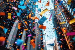 AI generated papers confetti falling in the bright blue sky professional photography background photo