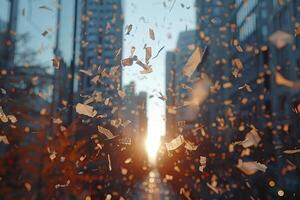 AI generated papers confetti falling in the bright blue sky professional photography background photo