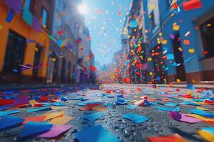 AI generated papers confetti falling in the bright blue sky professional photography background photo