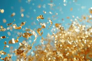 AI generated papers confetti falling in the bright blue sky professional photography background photo