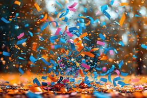 AI generated papers confetti falling in the bright blue sky professional photography background photo