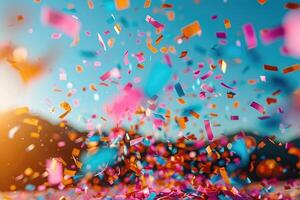 AI generated papers confetti falling in the bright blue sky professional photography background photo