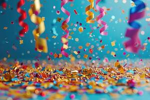 AI generated papers confetti falling in the bright blue sky professional photography background photo