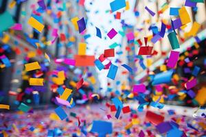 AI generated papers confetti falling in the bright blue sky professional photography background photo