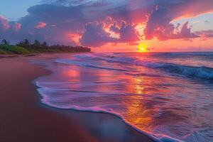 ai generado hermosa tropical puesta de sol en Oceano playa profesional fotografía foto