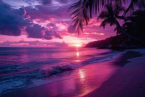 AI generated beautiful tropical sunset on ocean beach professional photography photo