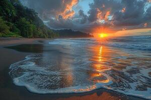 ai generado hermosa tropical puesta de sol en Oceano playa profesional fotografía foto