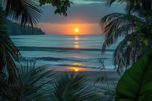 AI generated beautiful tropical sunset on ocean beach professional photography photo