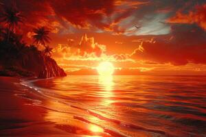 AI generated beautiful tropical sunset on ocean beach professional photography photo