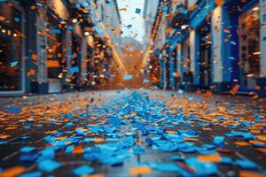 AI generated papers confetti falling in the bright blue sky professional photography background photo