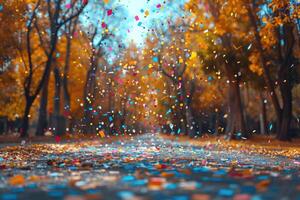 AI generated papers confetti falling in the bright blue sky professional photography background photo