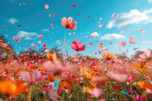 AI generated petal flowers confetti falling from a bright blue sky on an autumn or spring professional photography photo