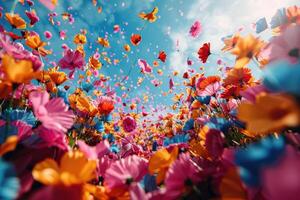 AI generated petal flowers confetti falling from a bright blue sky on an autumn or spring professional photography photo