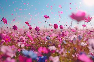 ai generado pétalo flores papel picado que cae desde un brillante azul cielo en un otoño o primavera profesional fotografía foto