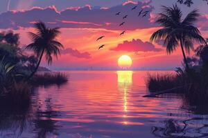 AI generated beautiful tropical sunset on ocean beach professional photography photo
