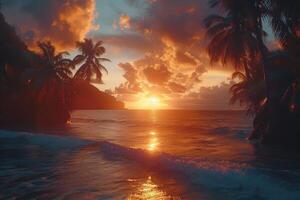 AI generated beautiful tropical sunset on ocean beach professional photography photo