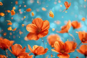 AI generated petal flowers confetti falling from a bright blue sky on an autumn or spring professional photography photo