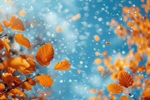 AI generated petal flowers confetti falling from a bright blue sky on an autumn or spring professional photography photo