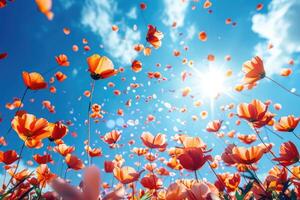 AI generated petal flowers confetti falling from a bright blue sky on an autumn or spring professional photography photo