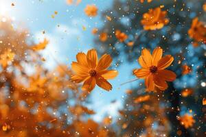 ai generado pétalo flores papel picado que cae desde un brillante azul cielo en un otoño o primavera profesional fotografía foto