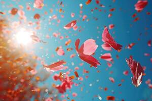 AI generated petal flowers confetti falling from a bright blue sky on an autumn or spring professional photography photo