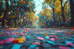 AI generated papers confetti falling in the bright blue sky professional photography background photo