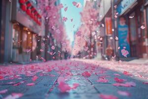 ai generado pétalo flores papel picado que cae desde un brillante azul cielo en un otoño o primavera profesional fotografía foto