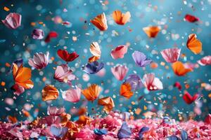 AI generated petal flowers confetti falling from a bright blue sky on an autumn or spring professional photography photo