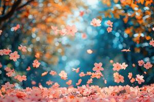 ai generado pétalo flores papel picado que cae desde un brillante azul cielo en un otoño o primavera profesional fotografía foto