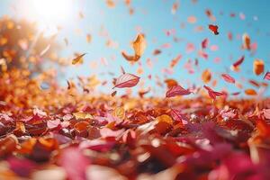 ai generado pétalo flores papel picado que cae desde un brillante azul cielo en un otoño o primavera profesional fotografía foto