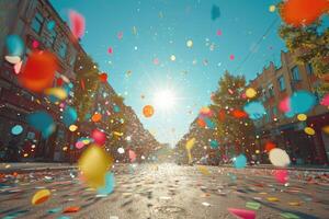 AI generated papers confetti falling in the bright blue sky professional photography background photo