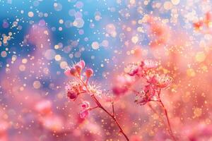 ai generado pétalo flores papel picado que cae desde un brillante azul cielo en un otoño o primavera profesional fotografía foto