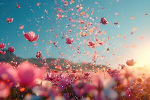 ai generado pétalo flores papel picado que cae desde un brillante azul cielo en un otoño o primavera profesional fotografía foto